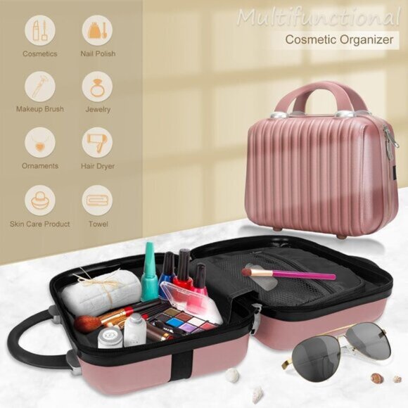 New 11In Hard Shell Makeup Travel Case, Portable Cosmetic Bag with Straps - Picture 2 of 8